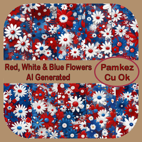 AI Red, White & Blue Flower Papers - Click Image to Close