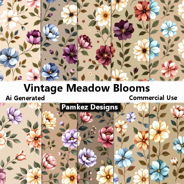 (image for) Vintage Meadow Blooms Digital Paper Pack
